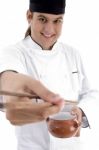 Chef  holding bowl and chopstick Stock Photo