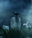 Crow On A Gravestone In Halloween Night,3d Illustration Stock Photo