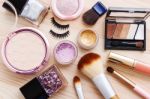 Cosmetic With Makeup Products And Brushes Stock Photo