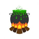 Halloween Witch Cauldron With Green Potion And Bonfire Stock Photo