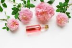 Bottles Of Essential Rose Oil For Aromatherapy Stock Photo