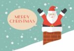 Santa Claus In Chimney With Snow Background Stock Photo