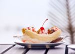 Banana Split Ice Cream With Whipped Cream And Cherry Stock Photo