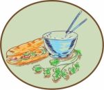 Bánh Mì Sandwich And Rice Bowl Drawing Stock Photo