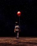 Boy With Red Balloon In The Dark,3d Illustration Stock Photo