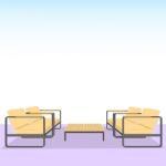Wooden Chairs And Table On Blue Gradient Background.  Illu Stock Photo