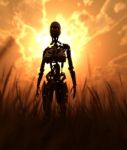 Robot In Field With Sunlight From Behind,fantasy Conceptual Stock Photo