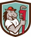 Horse Plumber  Monkey Wrench Crest Cartoon Stock Photo