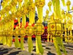 Many Of Yellow Hanging Lantern And Pattern Of Hanging Lamp At Outdoor Stock Photo