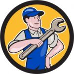 Mechanic Pointing Spanner Wrench Circle Cartoon Stock Photo