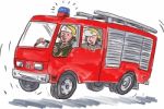Red Fire Truck Fireman Caricature Stock Photo