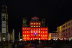 Illuminated Town Hall And Perlach Tower Of Augsburg, Germany Stock Photo