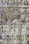 Historic Khmer Bas-relief Showing Hindu Legend Scenes At Bayon T Stock Photo