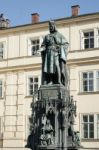 Statue Of King Charles Iv At The Entrance To The Charles Bridge Stock Photo