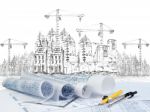 Sketching Of Modern Building Construction And Plan Document Fore Stock Photo