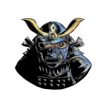 Samurai Wearing Armor Mask Mempo Woodcut Stock Photo