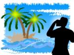 Vacation Photographer Shows Tropical Island And Camera Stock Photo