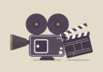 Retro Movie Camera And Movie Clapper Stock Photo
