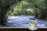 Isolated Hot Coffee Put A Glass Of White With A Casual Break From Work  Background Waterfall With Clipping Path Stock Photo