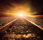 Junction Of Railways Track In Trains Station Agains Beautiful Li Stock Photo