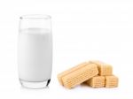Glass Of Milk With Wafers  Isolated On White Background Stock Photo