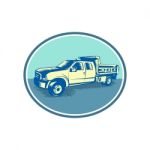 Tipper Pick-up Truck Oval Woodcut Stock Photo