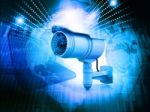 Surveillance Camera With Digital World Stock Photo