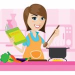 Cartoon Housewife Cooking In Kitchen Stock Photo