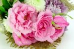 Flowers Bouquet With Pink Roses And Chrisanthemum Stock Photo