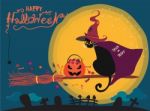 Halloween Card With Cute Black Cat Riding On A Witch Bloom Over Cemetery Stock Photo