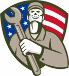 Mechanic Holding Wrench Usa Flag Shield Retro Stock Photo