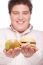 Chubby Man Holding Apple And Hamburger