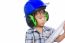 Young Boy Engineer With Blueprint, Wearing Earmuffs And Blue Helmet