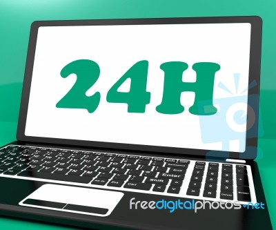 24h On Laptop Shows All Day Service On Web Stock Image