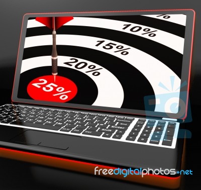 25 Percent On Laptop Shows Promotional Prices Stock Image