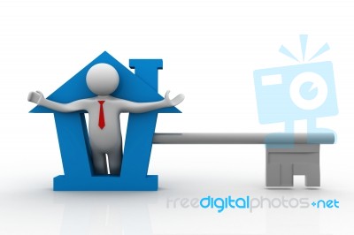3d Business Man Presenting A Red Home Key Stock Image