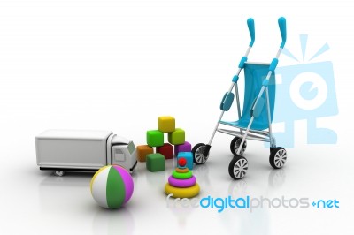 3d Carriage And Children's Toys On A White Background Stock Image