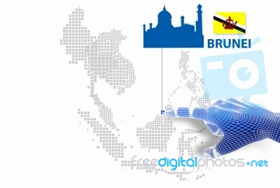3d Finger Touch On Display Brunei Map And Flag Stock Image