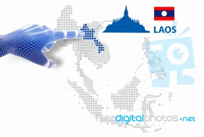 3d Finger Touch On Display Laos Map And Flag Stock Image