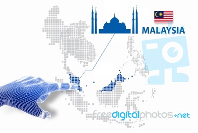 3d Finger Touch On Display Malaysia Map And Flag Stock Image