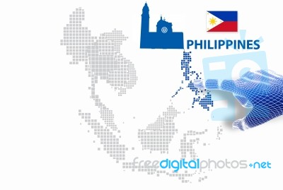 3d Finger Touch On Display Philippines Map And Flag Stock Image