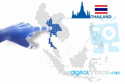 3d Finger Touch On Display Thailand Map And Flag Stock Image