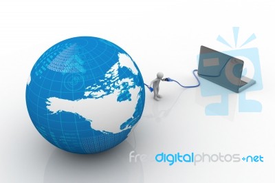 3d Human Character Person With A Laptop And A Earth Globe Stock Image
