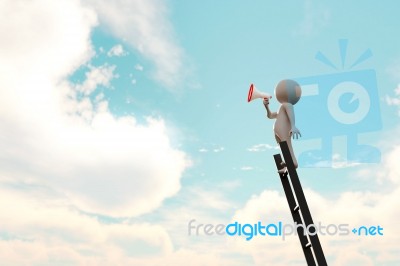 3d Illustration Of 3d Stick Man Climbing Stair And Using Loudspeaker Stock Image