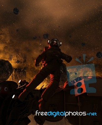 3d Illustration Of An Astronaut In Asteroid Field,scifi Fiction Stock Image