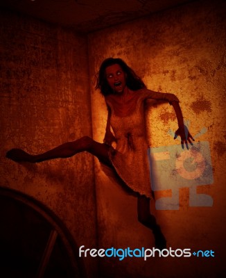 3d Illustration Of Ghost Woman Crawling On The Wall In Haunted House Stock Image