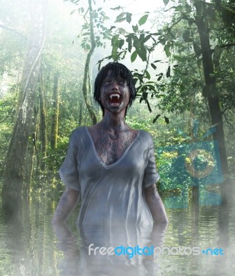 3d Illustration Of Ghost Woman In The Lake,scary Background Stock Image