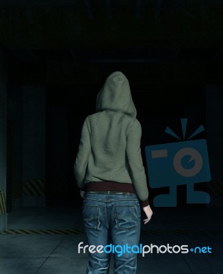 3d Illustration Of Hoodie Woman Walking In To A Dark Place Stock Image