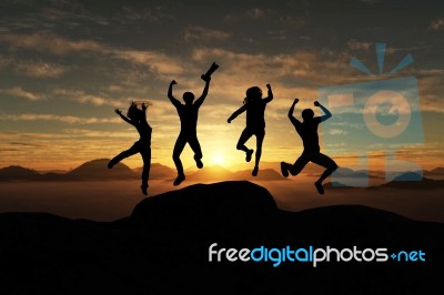 3d Illustration Of Silhouette Group Of Happy  Traveller  Jumping… Stock Image