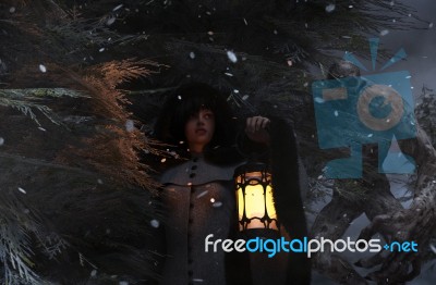 3d Illustration Of The Girl Hiding In Pine Forest In Winter Night Stock Image